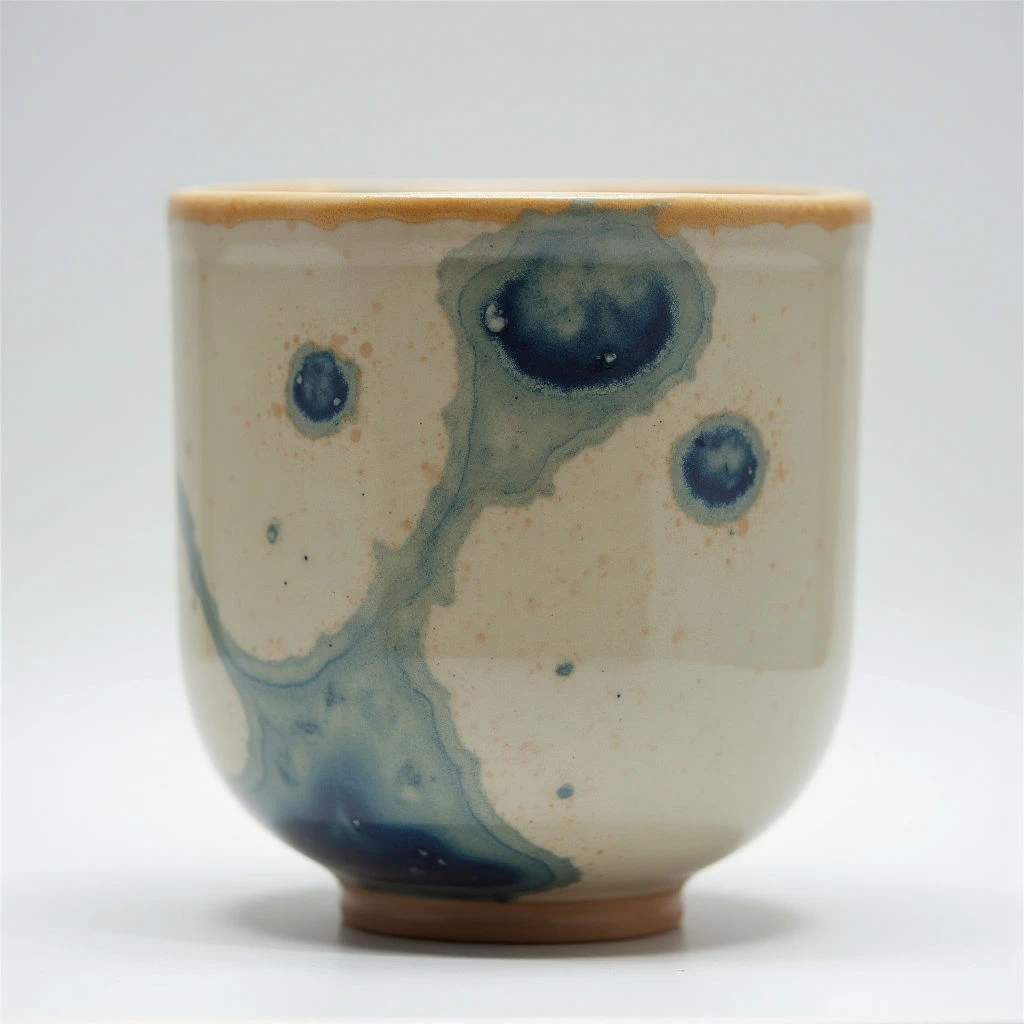 A rounded ceramic pot sits against a pale background. The pot is primarily cream-colored with irregular streaks and spots of dark blue glaze, concentrated towards the bottom and upper rim. A warm brown tone accents the lip and base of the vessel.