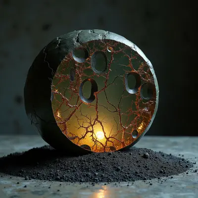 The image features a dark, roughly spherical object with numerous irregular holes revealing a warm, golden interior. The exterior appears textured and matte, contrasting sharply with the smooth, glowing light emanating from within the sphere and reflecting off a pile of granular material at its base. Spatial relationships suggest the sphere is resting on a flat surface, casting a soft glow onto the surrounding area and creating a sense of depth.