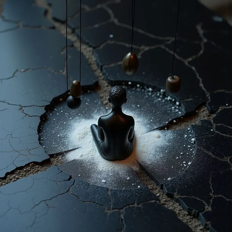 A dark, smooth humanoid figure sits centered within a circular crater of fine white powder amidst a cracked, charcoal-colored landscape. Thin black lines descend from above, suspending rounded, stone-like objects at varying heights around the central figure. The composition uses high contrast between the bright white granules and the dark, textured earth, with soft light highlighting the smooth surfaces of the figure and stones.