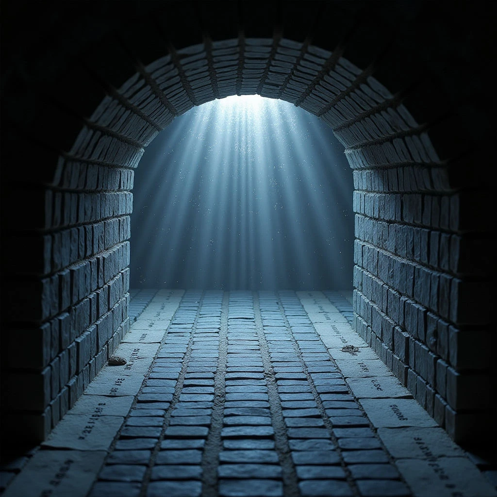 The image depicts a long, arched tunnel constructed from dark gray brick. A bright, cool-toned light source emanates from the far end of the tunnel, casting vertical rays that illuminate the floor and walls while leaving the surrounding areas in shadow. The composition emphasizes linear perspective with receding parallel lines formed by the bricks, creating a sense of depth leading towards the distant light.