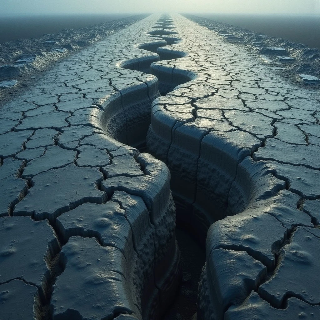 The scene is dominated by cool tones of blue and gray across a vast, flat expanse. A network of sharp, irregular cracks covers the surface, creating a textured plane that recedes into a hazy distance along a winding fissure. Light appears diffused and even, casting subtle shadows within the depressions but lacking strong contrast, with spatial depth suggested through diminishing scale and atmospheric perspective.