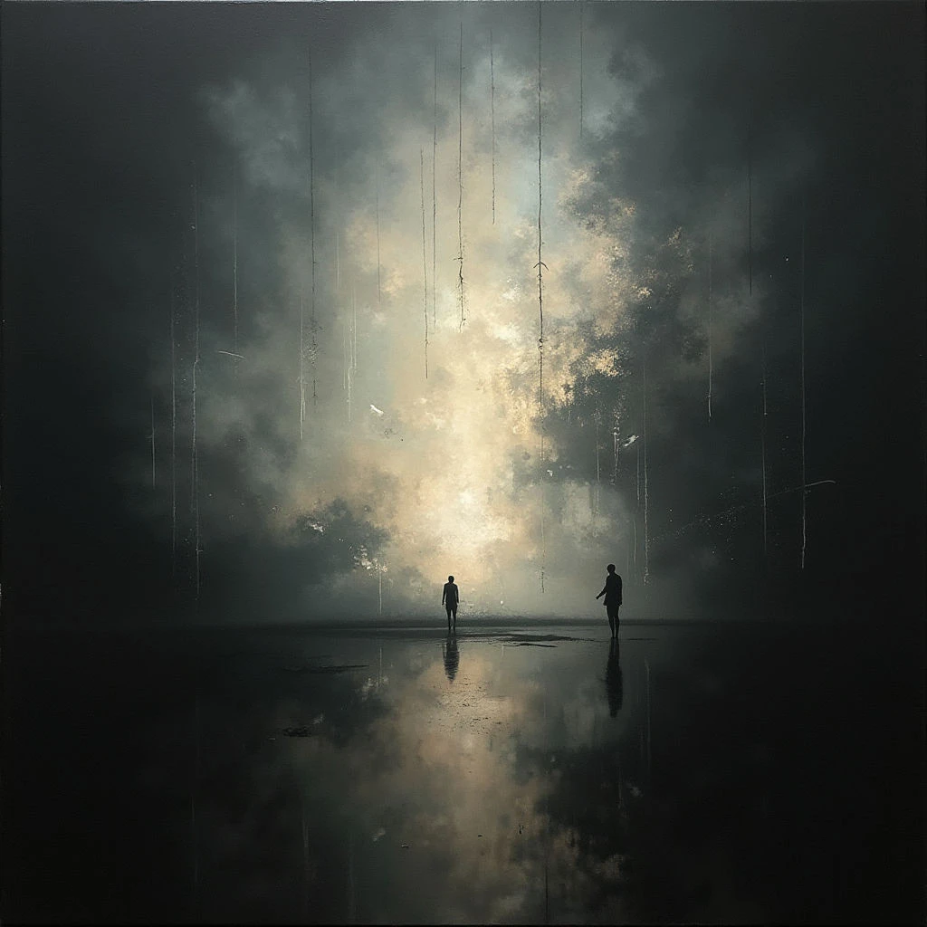 Two silhouetted figures stand facing each other across a vast, dark expanse of wet sand. Above them hangs a luminous cloud formation, pierced by thin, descending lines like rain or light beams. The scene is heavily mirrored in the reflective surface beneath their feet, doubling the sense of isolation and scale.
