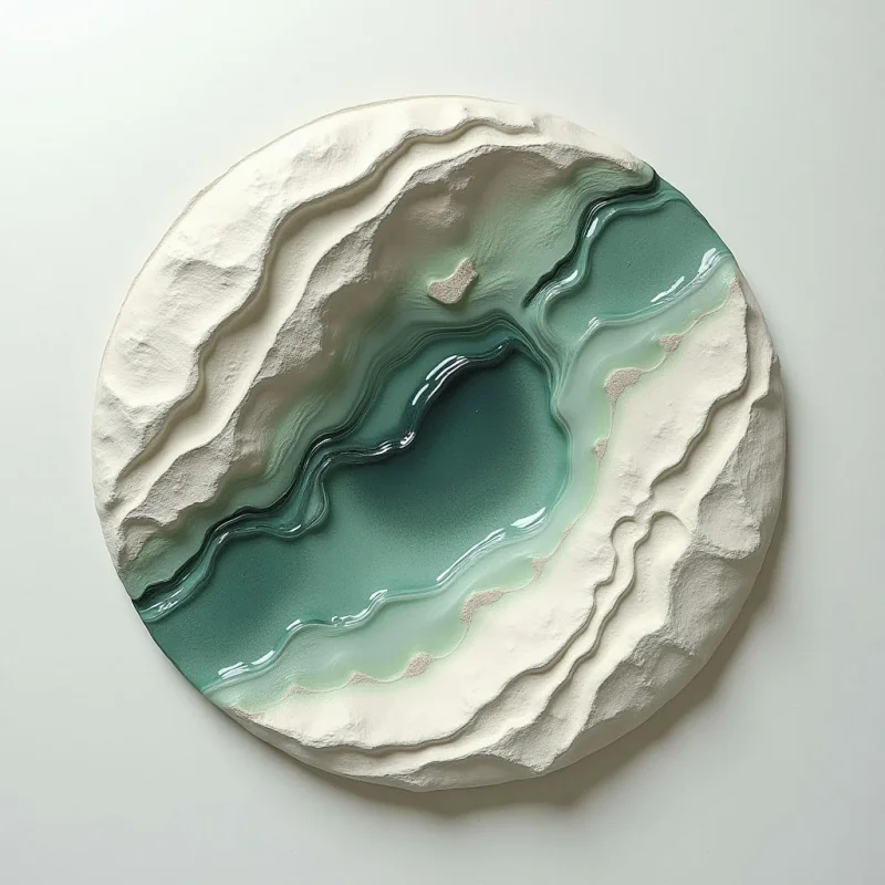 A circular relief features undulating layers of matte white, textured surfaces that frame a recessed center of smooth, translucent teal and seafoam green. The composition follows flowing, organic curves that create a sense of depth through layered ridges and valleys. Soft, diffused light highlights the granular texture of the white edges while casting gentle shadows within the polished, liquid-like depths.