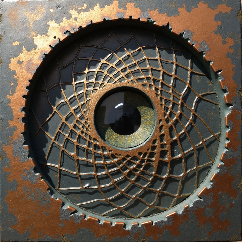 The image features a central circular form resembling an eye set within a square field. A dark gray base color is contrasted by textured bronze tones radiating outward from the eye’s perimeter and around the edges of the square, while the eye itself displays shades of olive green with a black pupil and white highlight. The composition utilizes repeating geometric shapes—a web-like pattern emanating from the center—and strong shadows that create depth within the circular recess and along raised surfaces.