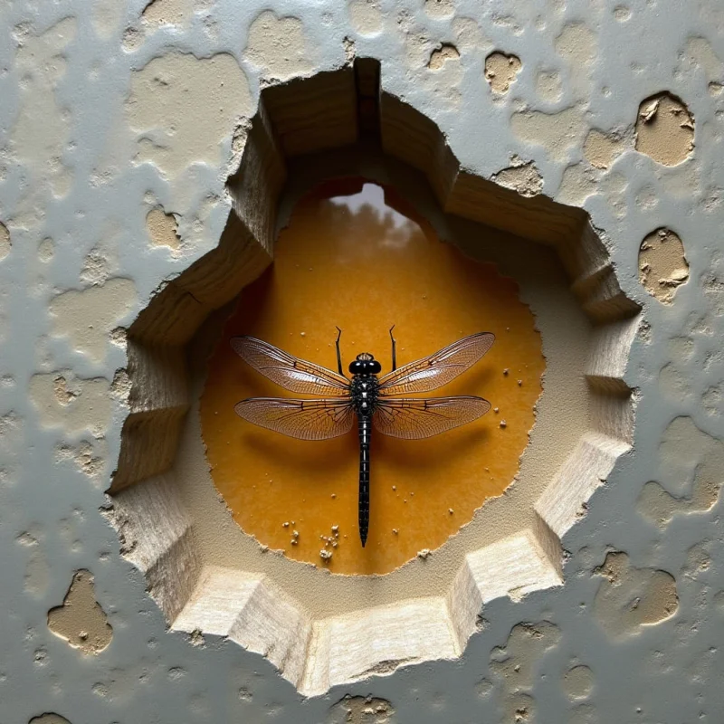 A dark, slender dragonfly with translucent, veined wings rests centrally within a jagged, irregular opening of a textured, beige surface. The interior of the void features smooth, amber-colored liquid that reflects soft light, contrasting with the rough, pitted exterior material. The composition centers the insect against the warm tones of the pool, surrounded by the thick, uneven edges of the cutout.