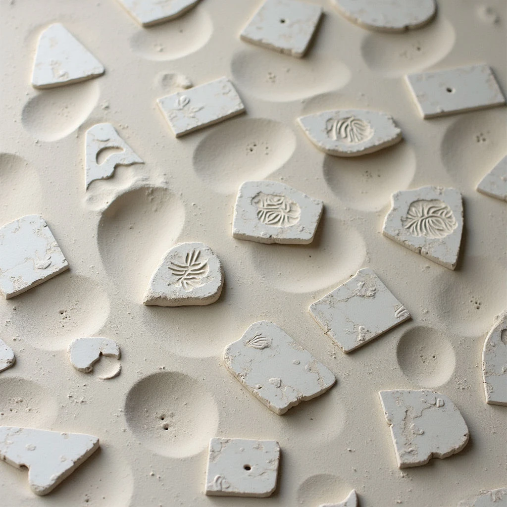 The image presents a monochromatic palette of off-white and cream tones throughout the scene. Varied geometric shapes – squares, triangles, and irregular forms – are scattered across a textured surface with repeating circular indentations. Soft, diffused light creates gentle shadows and highlights, suggesting a shallow depth of field and minimal contrast between objects.