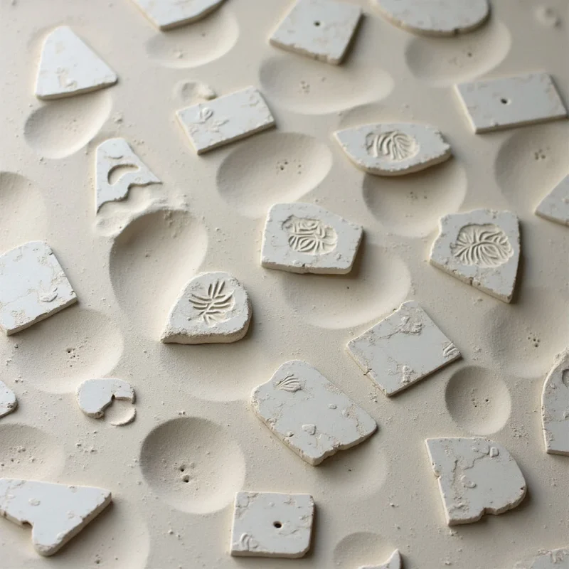 The image presents a monochromatic palette of off-white and cream tones throughout the scene. Varied geometric shapes – squares, triangles, and irregular forms – are scattered across a textured surface with repeating circular indentations. Soft, diffused light creates gentle shadows and highlights, suggesting a shallow depth of field and minimal contrast between objects.