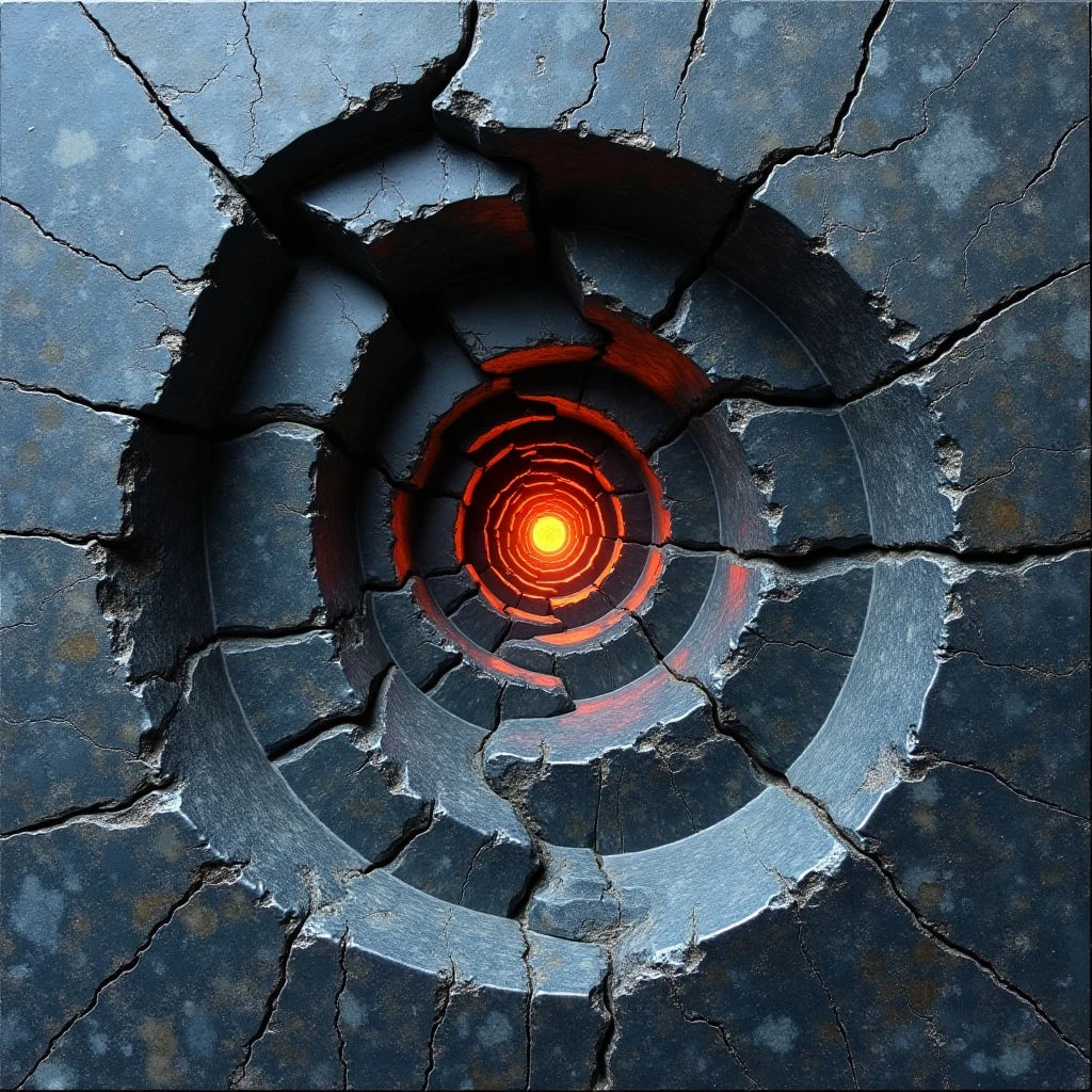 The image features a central circular opening surrounded by concentric rings that recede into darkness, transitioning from cool blues and grays to warm oranges and yellows at the core. The surface surrounding the hole is heavily textured with cracks and rough edges, contrasting with the smoother, layered interior of the tunnel. Light emanates strongly from the center, casting shadows on the fractured perimeter and creating a sense of depth within the spiraling form.