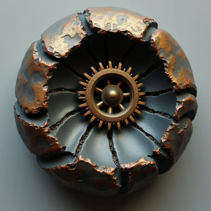 A metallic gear sits at the center of a cracked, spherical object composed of dark grey and weathered copper tones. The outer shell features jagged, irregular edges and a rough, pitted texture that contrasts with the smooth, concentric ridges of the central wheel. Soft light descends from above, casting gentle shadows within the deep crevices and defining the rounded volume of the composition against a neutral grey background.