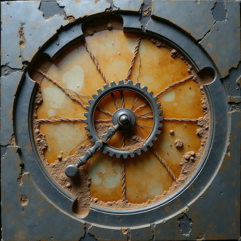 A central dark gear with a protruding lever is set against a circular, amber-toned background marked by pale organic spots and thin, radiating lines. Coarse, brown granular textures accumulate around the inner edges of a thick, weathered grey metal frame that features irregular cracks and chipped surfaces. The composition is centered and symmetrical, creating a layered effect between the textured foreground frame and the patterned interior disc.