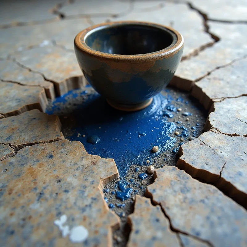 A dark blue ceramic bowl sits atop a deep crack in a parched, tan-colored earth surface filled with irregular fissures. Vibrant blue liquid pools within the central crevice, contrasting against the rough, granular texture of the dry ground and the smooth, matte finish of the vessel. Soft light illuminates the scene from above, creating subtle shadows within the cracks and highlighting the small droplets scattered across the textured terrain.