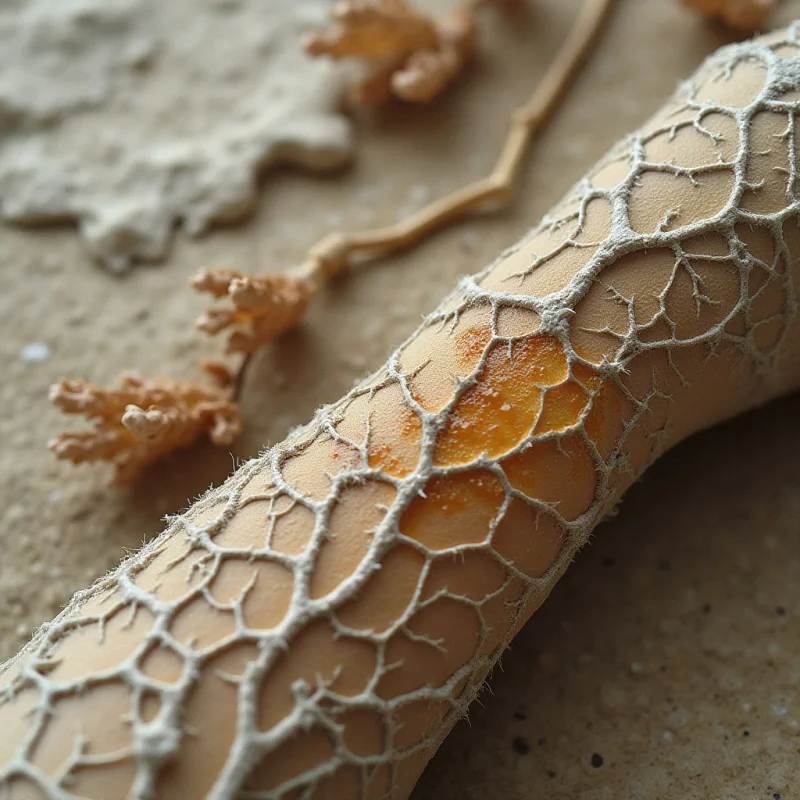 A long, cylindrical object with a pale tan surface is covered in a raised, white web of interconnected, organic lines. A patch of textured, amber-colored material sits recessed within the center of these white ridges. The composition features soft, diffused light across a muted beige background containing blurred, twig-like shapes.