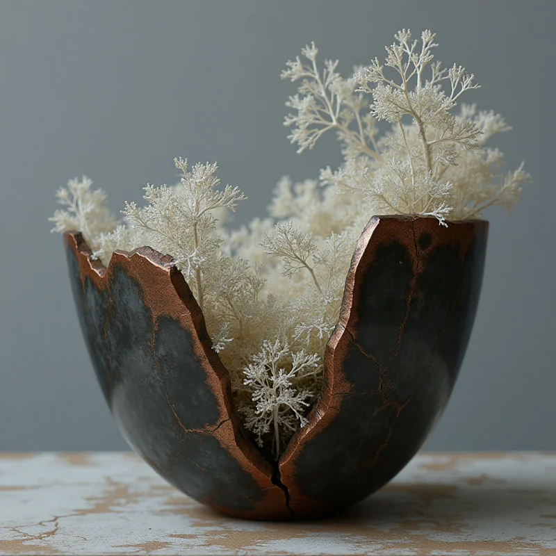 A dark, textured vessel with jagged, copper-toned edges holds a dense arrangement of delicate, white branching structures. The composition features a contrast between the heavy, cracked surface of the bowl and the airy, fractal shapes of the pale foliage. Soft light illuminates the intricate details of the branches against a smooth, neutral gray background.