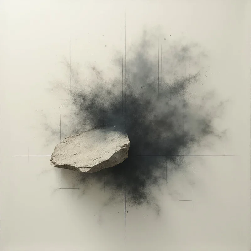 A rough, pale stone appears to have collided with a smooth, off-white surface, creating a dark, radiating burst of dust and debris. Faint grid lines intersect at the point of impact, suggesting measurement or analysis of the event. The scene evokes a sense of sudden force and disruption against a stark, neutral background.