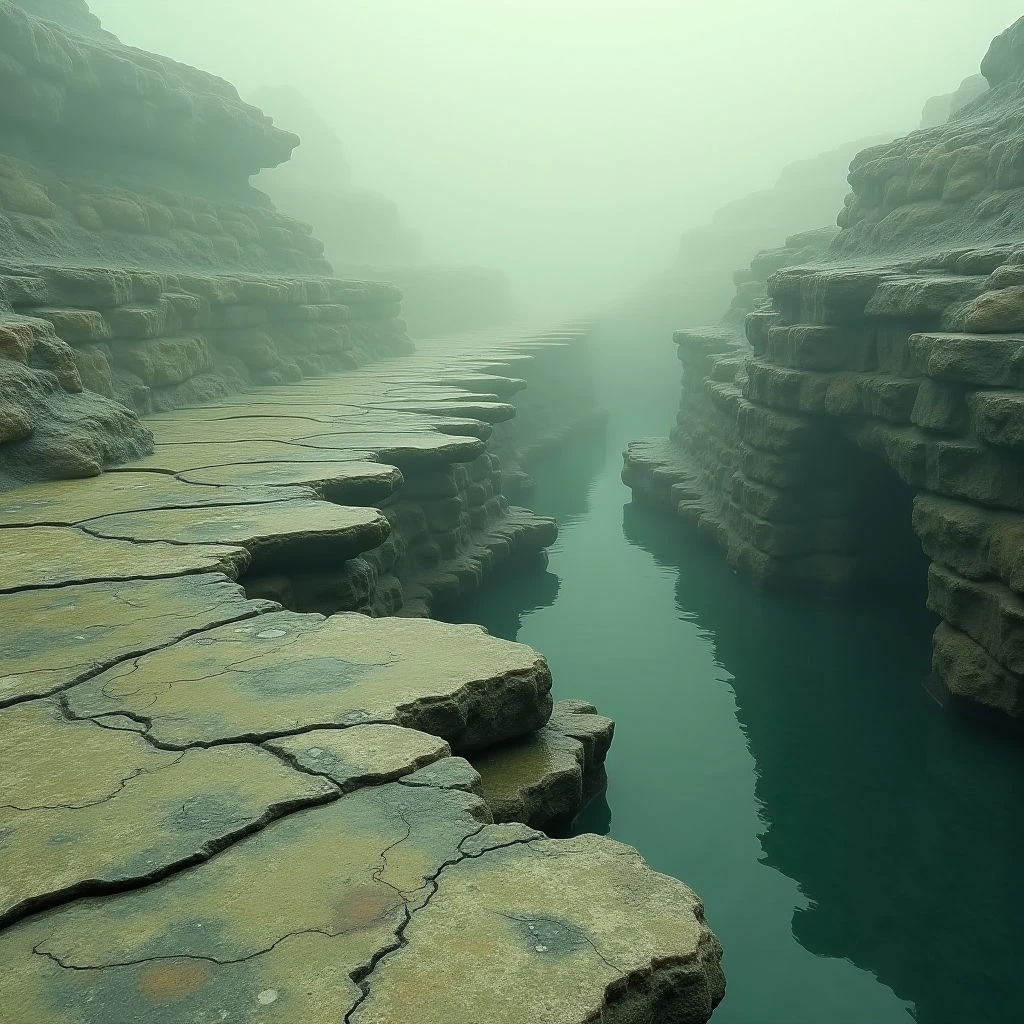 The scene depicts a narrow waterway cutting through layered rock formations, primarily in shades of muted green and tan. The stone surfaces appear rough and cracked with visible horizontal strata, contrasting with the smooth, reflective water flowing down the center. A dense fog obscures the distant ends of the canyon, creating a sense of depth and limiting visibility while casting soft light across the landscape.