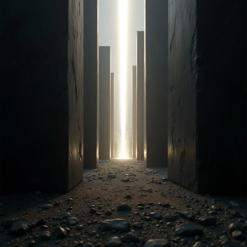 Tall, dark rectangular monoliths frame a central path of rough, pebbled ground that recedes toward a bright vertical beam of white light. The composition features high contrast between the deep shadows of the stone pillars and the intense luminosity of the background glow. Geometric shapes and sharp edges define the scene, set against a textured landscape of small rocks and smooth, towering surfaces.