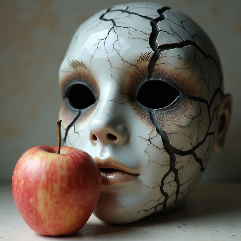 A pale, cracked ceramic mask sits beside a red and yellow mottled apple on a neutral surface. The smooth, glossy texture of the mask contrasts with the matte skin of the fruit and the dark, jagged lines of the fractures. Soft light illuminates the scene from the side, creating gentle shadows and defining the rounded shapes of both objects against a muted background.