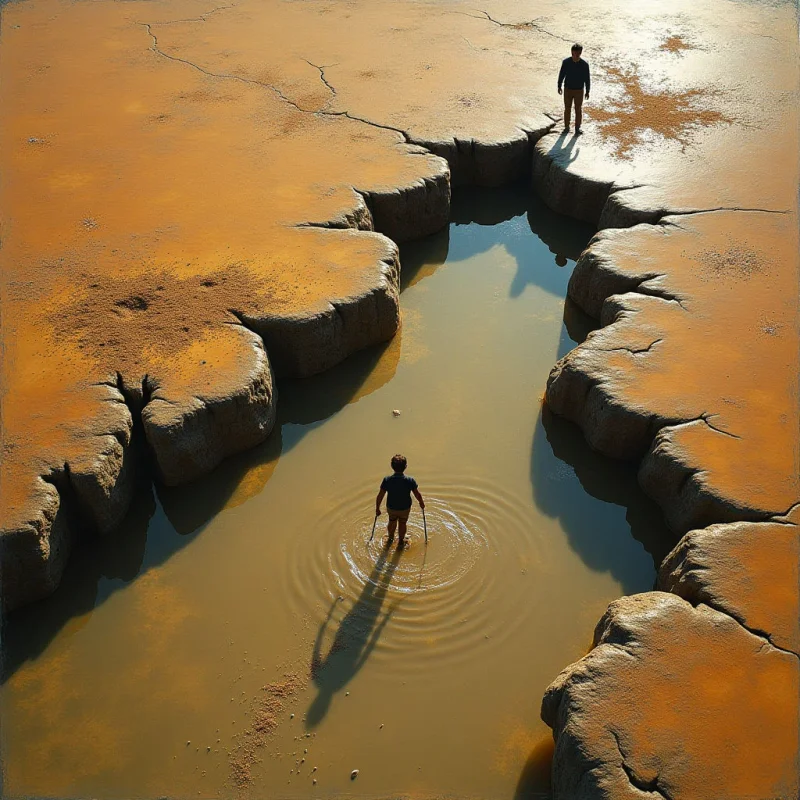 A narrow body of murky, tan water cuts through a dry, cracked landscape of textured ochre earth. A small figure stands in the center of the pool, creating concentric ripples that expand outward toward the jagged, earthen banks. In the upper right, another figure stands on a raised ledge, silhouetted against a bright, shimmering light reflecting off the ground.