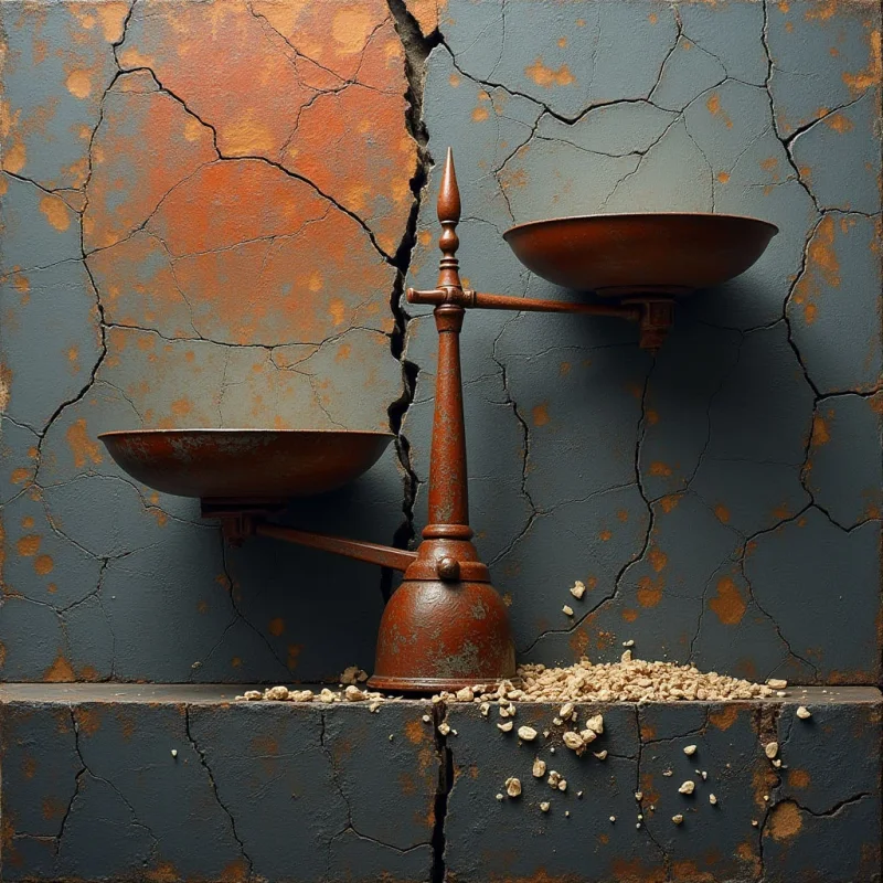 A weathered, rust-colored balance scale stands centrally against a cracked, slate-gray background with patches of orange oxidation. The composition features heavy textures from the peeling surfaces and jagged fissures that divide the frame vertically and horizontally. Light falls evenly across the scene, emphasizing the metallic curves of the scales and the granular texture of small stones scattered on the ledge below.