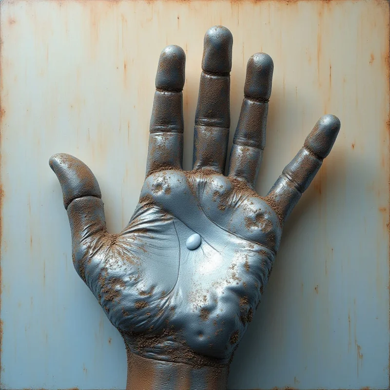 A metallic, silver-toned hand with a textured, weathered surface rests against a pale blue background streaked with vertical rust-colored lines. A single smooth, oval object sits in the center of the palm, creating a focal point amidst the wrinkled and pitted contours of the metal. Soft light illuminates the scene from above, casting subtle shadows that define the three-dimensional shapes of the fingers and palm.