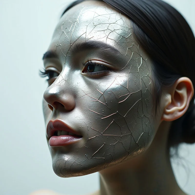 A person's face is covered in a metallic silver substance marked by a network of fine, irregular cracks. The composition features high-contrast lighting that emphasizes the smooth, reflective texture of the silver against the soft skin and dark hair. The subject is positioned in a profile view against a neutral, pale background, creating a shallow sense of depth.