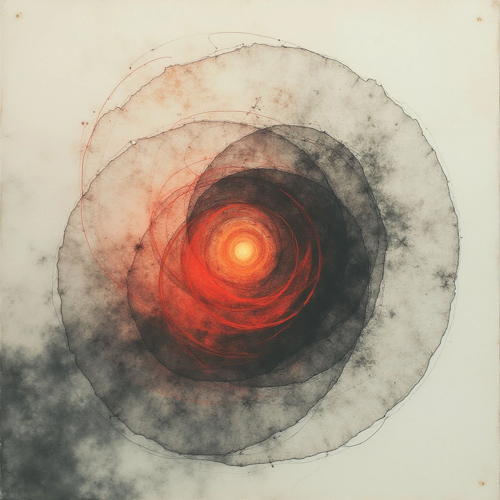 The image features a central spiral form composed of concentric rings transitioning from bright red at its core to shades of gray and black towards the outer edges. Delicate lines arc across the surface, intersecting the rings while subtle granular textures are visible throughout, particularly in the darker areas and surrounding white space. The composition is largely two-dimensional with a sense of depth implied by the layering of the spiral elements against a light, neutral background.