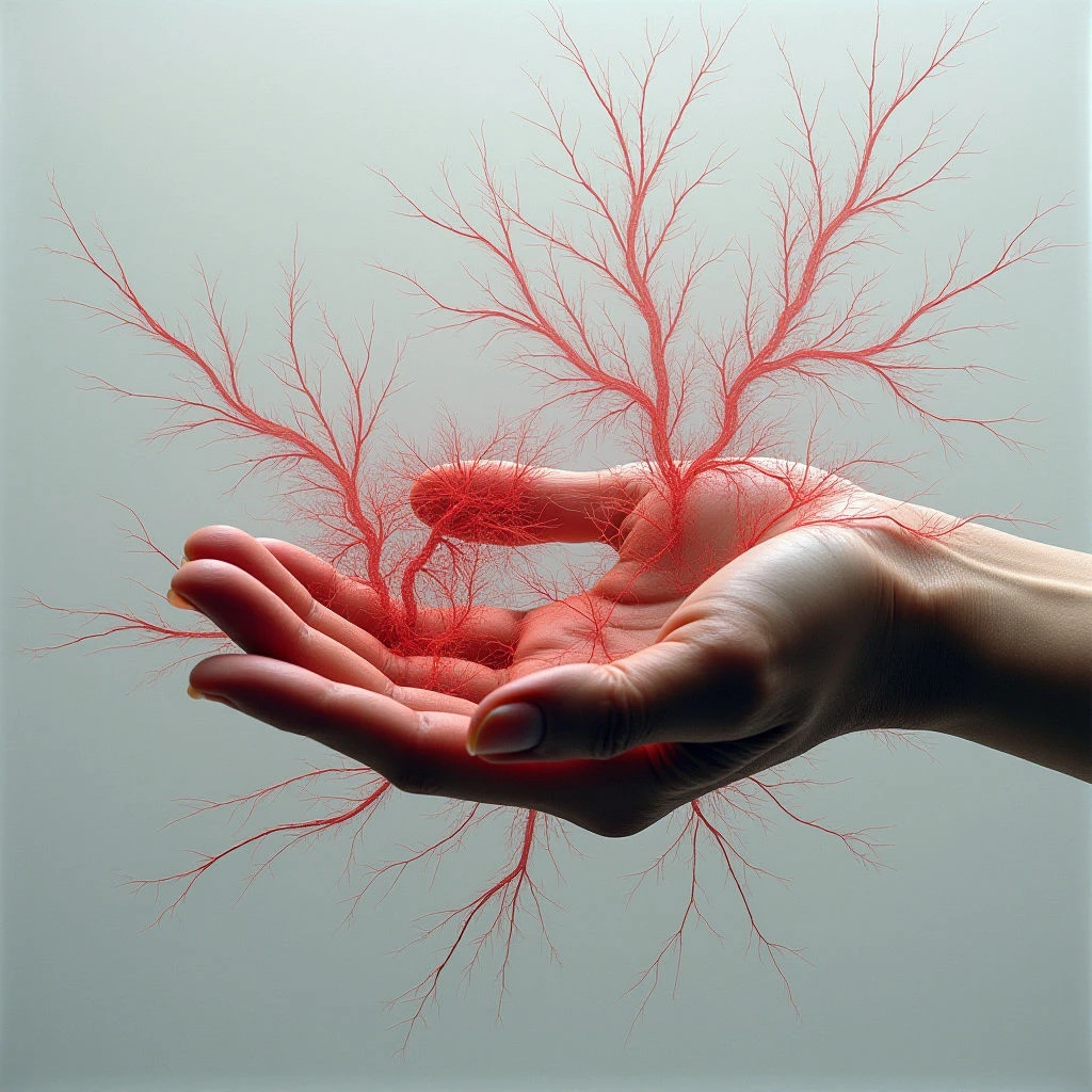 A pale hand cradles a complex network of bright red, branching structures resembling coral or roots. The background is a smooth, muted grey with subtle gradations in tone, creating a soft contrast against the vibrant object and skin. Light appears diffuse, casting gentle shadows within the palm and highlighting the delicate texture of the branches while softly illuminating the hand.