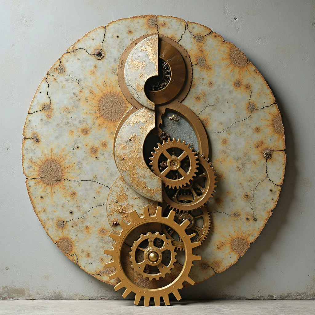 The image features a circular form with a textured, mottled surface of rust and pale gray tones, bisected by a curved division. Extending from this shape are several metallic gears in shades of gold, appearing to protrude outwards and downwards from the central form. Light is diffused and appears to come from multiple directions, highlighting both the rough texture of the large circle and the more polished surfaces of the gears, while casting soft shadows behind them.