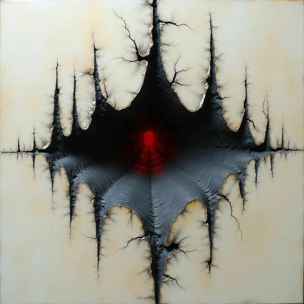The image features a central dark void surrounded by cracked and textured off-white surfaces. A concentrated red glow emanates from the deepest point within the void, fading into cooler grey tones as it extends outwards. The shapes are largely organic and irregular, resembling fissures or openings in a solid material with a strong sense of depth created through shading and implied perspective.