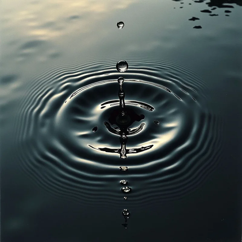 Concentric circular ripples expand outward from a central point on a dark, reflective water surface. Droplets of liquid are suspended vertically above and below the center, creating a linear axis through the composition. The color palette consists of muted blues and grays with bright, high-contrast highlights reflecting off the undulating textures.