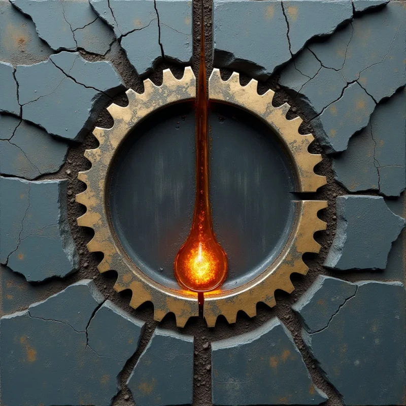 A central golden gear with serrated edges is set against a dark grey, cracked stone background. A vertical stream of glowing orange liquid descends through the center, pooling into a luminous droplet at the bottom. The composition features high contrast between the matte, textured stone and the bright, fluid light of the amber substance.