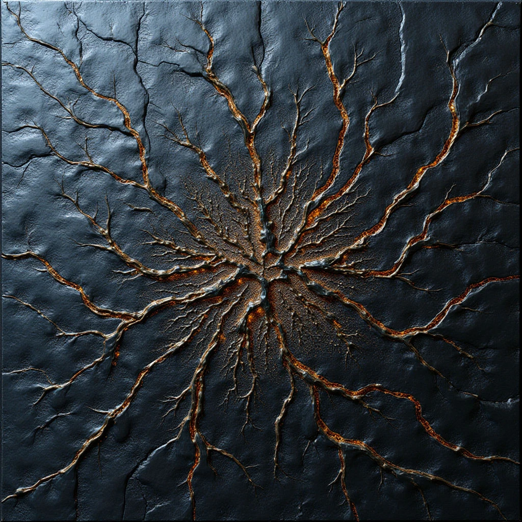 The image features a dark, primarily blue-grey field with radiating branches of textured orange and silver lines emanating from a central point. The surface appears rough and uneven, suggesting a three-dimensional quality with raised elements and deep fissures. Light concentrates around the branching structures, creating highlights and casting shadows that emphasize their depth against the flatter background.