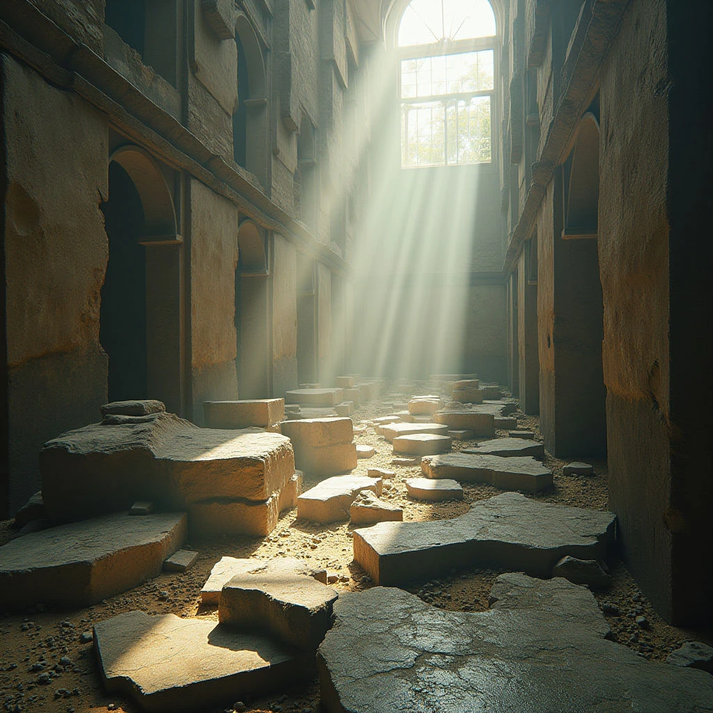 Sunlight streams through a large, arched window into the ruins of a grand hall. The floor is covered in broken stone blocks and debris, scattered amongst a layer of dust and sand. Arches line both sides of the long, shadowy space, hinting at former elegance now lost to decay.