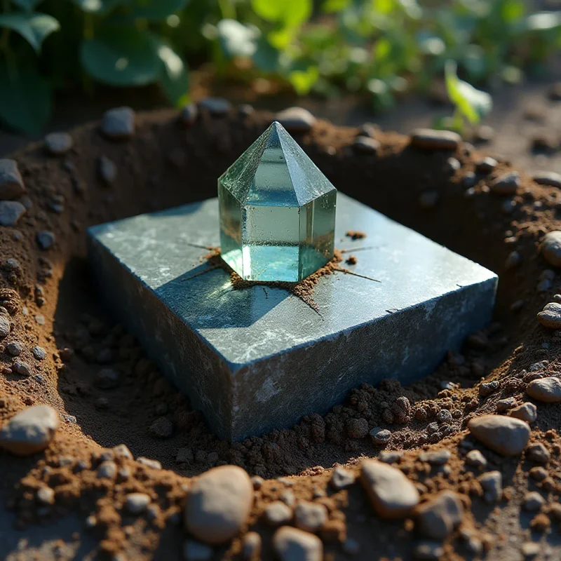 A translucent, teal-tinted crystal with sharp geometric facets sits atop a dark, rectangular stone plinth. The smooth, reflective surfaces of the objects contrast with the coarse, granular texture of the surrounding brown earth and scattered pebbles. Bright sunlight casts strong shadows across the scene, creating a sense of depth within the shallow pit where the objects are placed.
