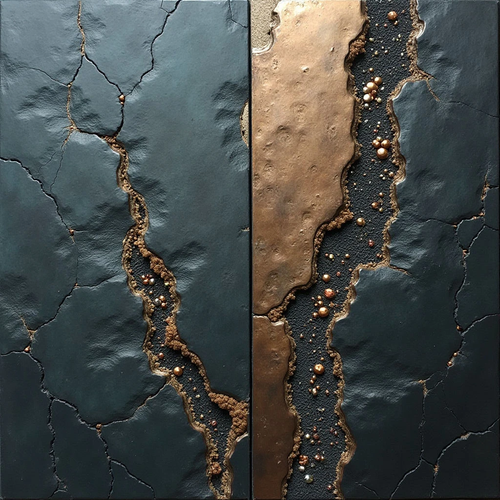 The image presents a vertically oriented diptych with dark teal and copper-toned surfaces divided by an irregular central line. Both sides exhibit a heavily textured appearance with cracked patterns and embedded spherical elements along the dividing fissure, creating visual contrast between smooth areas and rough edges. Light appears to be diffused, highlighting subtle variations in surface sheen and depth within each panel while casting soft shadows that emphasize the three-dimensional quality of the textures.