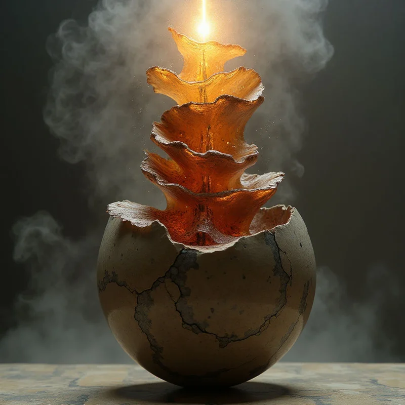 A cracked, earth-toned sphere sits on a textured surface, emitting swirling plumes of white smoke against a dark gray background. From the center of the sphere, glowing amber layers rise in a jagged, flame-like spiral toward a bright point of light at the top. The composition balances the heavy, matte texture of the stone base with the translucent, luminous quality of the golden central form.
