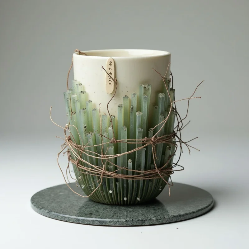 A white cylindrical vessel with a smooth surface sits atop a textured, dark green stone base. The lower half of the cylinder is encased in vertical, translucent pale green rods that are bound together by a chaotic web of thin, brown, twig-like filaments. Soft, diffused light illuminates the scene against a neutral gray background, emphasizing the contrast between the sleek ceramic and the organic, tangled textures.