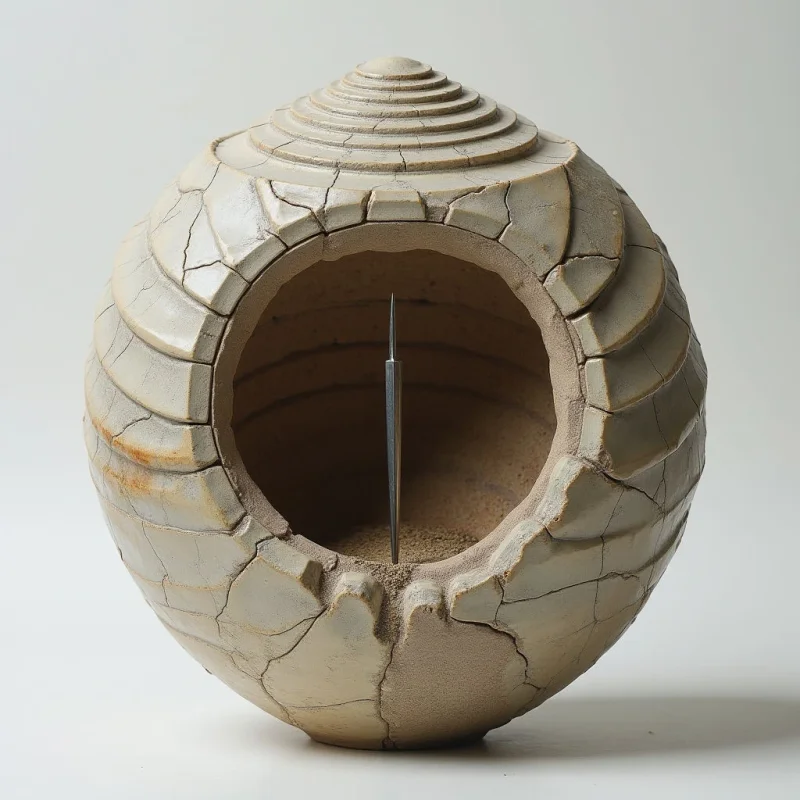A spherical, textured object in muted beige and tan tones features deep grooves and jagged cracks across its surface. A large circular opening reveals a hollow interior containing fine sand and a single thin, vertical metallic spike. Soft light casts gentle shadows within the cavity and on the ground beneath the rounded form.