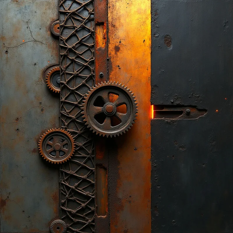 Vertical bands of weathered gray, rusted orange, and dark charcoal create a segmented composition. Textured surfaces of pitted metal and interlaced rope patterns intersect with circular, serrated gears and sharp horizontal slits. A bright orange glow emanates from the narrow gaps between the vertical panels, casting light against the metallic textures.