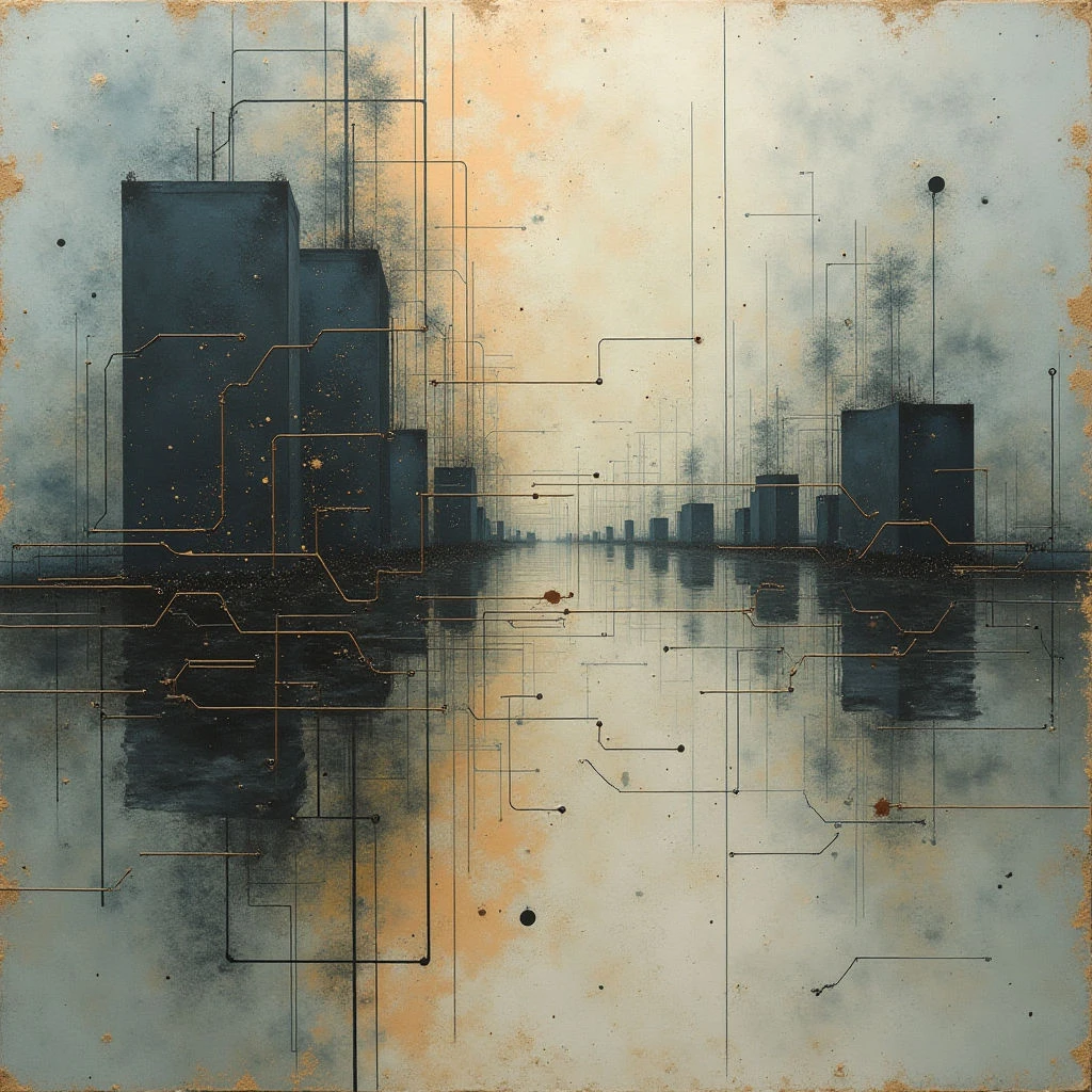 Tall, dark buildings rise from a reflective body of water under a hazy, golden sky. A complex network of thin lines and small circles overlays the entire scene, resembling circuitry or a digital grid extending into the distance. The image has an aged quality, with speckled textures and muted tones suggesting decay or a vintage aesthetic.