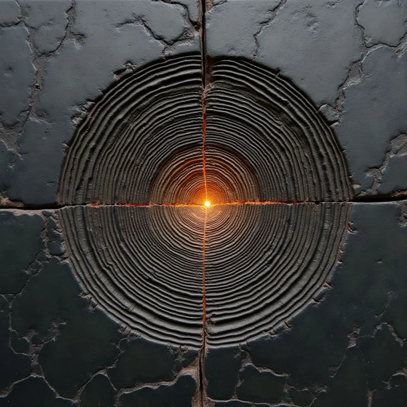 A central orange glow radiates from a bright focal point within concentric, circular ridges of dark gray material. These textured rings are set into a cracked, matte black surface that is divided by horizontal and vertical fissures. The light emanates outward from the center, highlighting the rhythmic patterns of the grooves against the rough, uneven landscape.