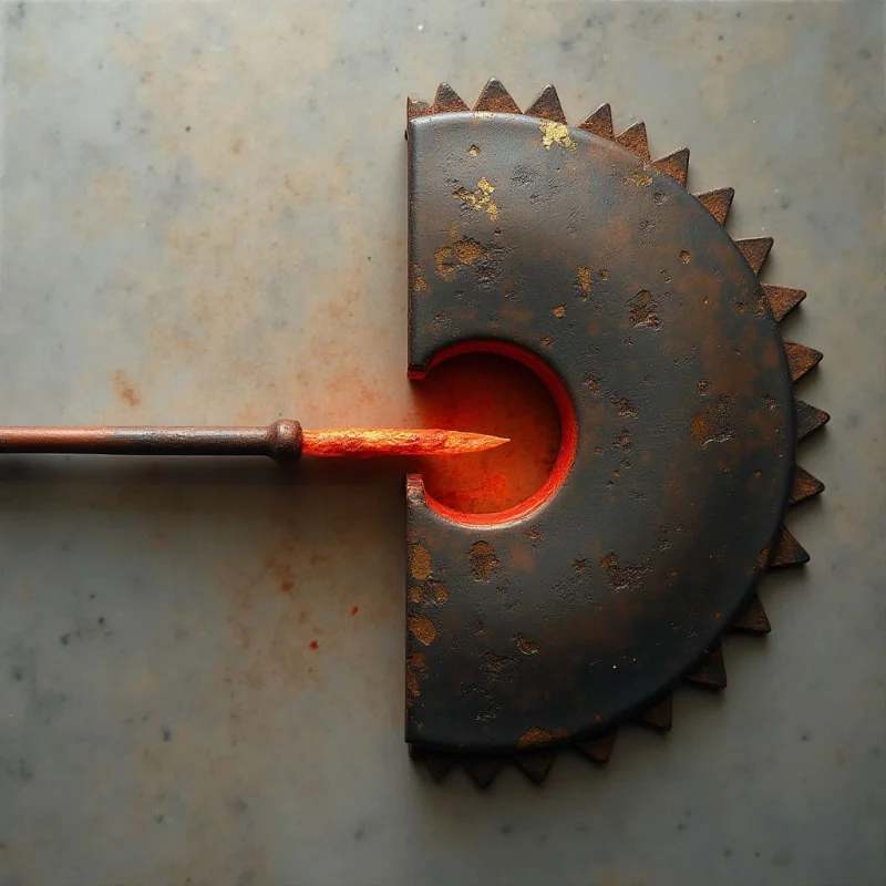A dark, rusted metal gear with serrated edges is positioned on a textured gray surface, featuring a circular cutout at its center. A glowing orange rod extends horizontally from the left, piercing into the central opening and casting a warm light against the inner rim. The composition contrasts the cool, matte tones of the background and gear with the bright, luminous intensity of the pointed tip.