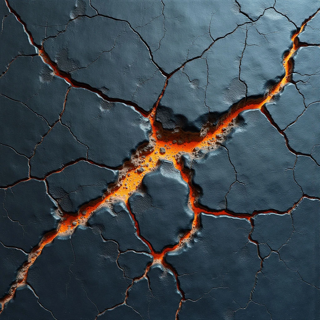 The image features a dark, textured surface fractured by bright orange lines and pools of glowing material. The predominant color is a deep blue-gray, contrasted sharply with the warm tones within the cracks, which appear to emanate light. Irregular shapes define both the broken sections of the surface and the flowing forms of the illuminated fissures, creating a sense of depth despite the largely flat spatial arrangement.
