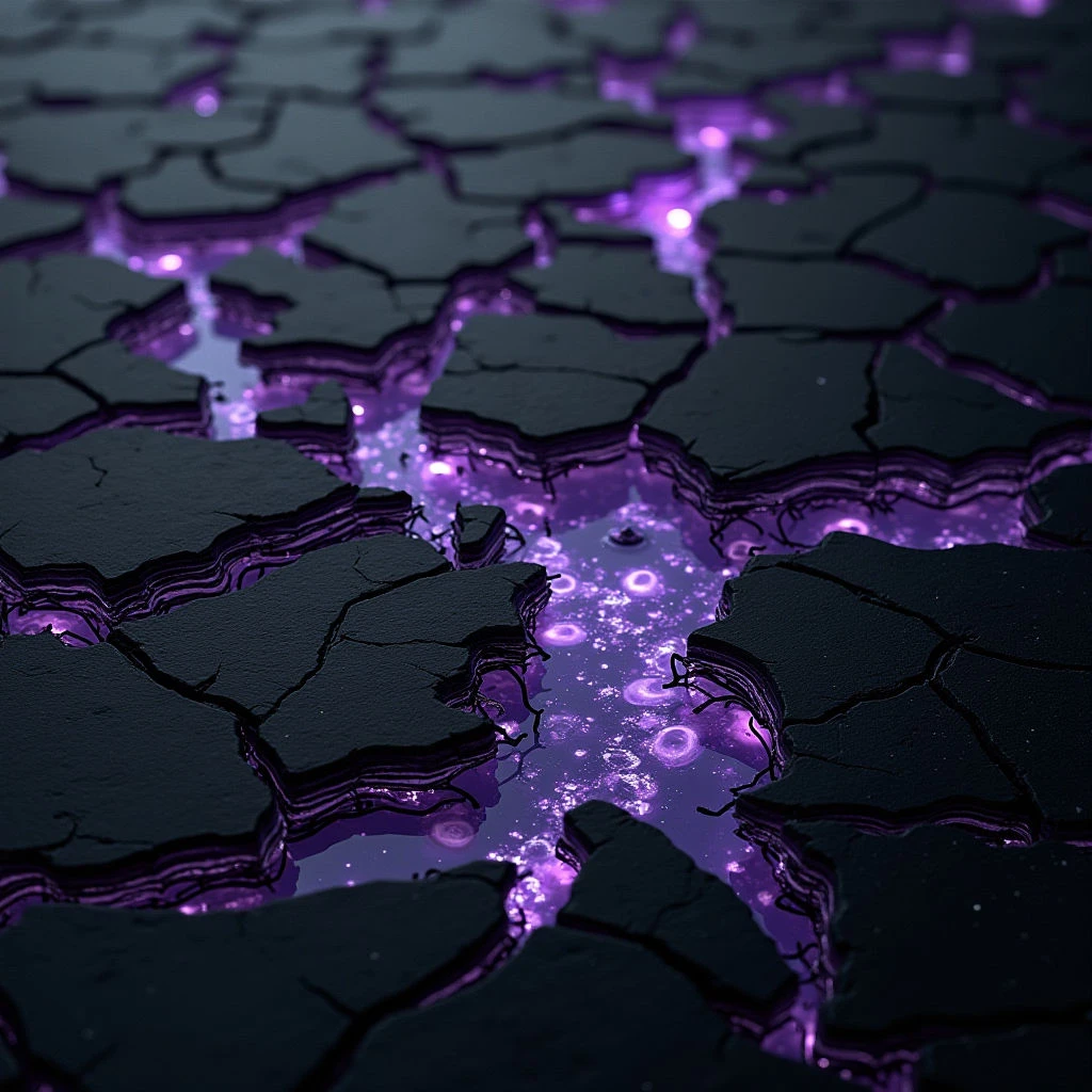 The image is dominated by dark, cool tones of gray and black, sharply contrasted with vibrant purple luminescence filling cracks within a fractured surface. The texture appears rough and uneven on the larger forms, while the illuminated areas suggest a smooth, liquid quality with sparkling particles. Shapes are primarily angular and fragmented, creating a sense of depth as the glowing purple recedes into the fissures between the dark planes.