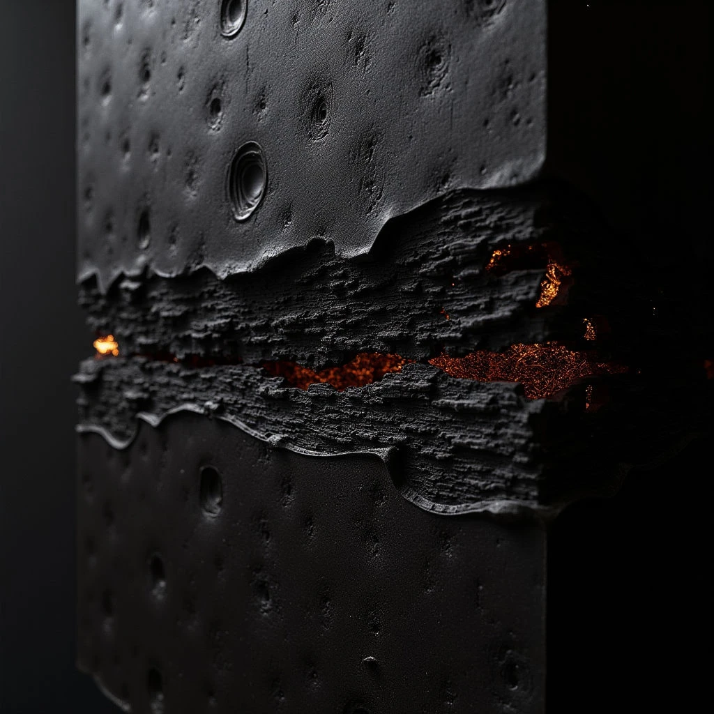 The image features a predominantly dark color palette of blacks and grays, punctuated by a bright orange glow emanating from a central fissure. The surface texture is rough and uneven across most of the composition, contrasting with the jagged edges of the crack revealing a granular interior; circular indentations are scattered throughout the surrounding areas. Light focuses intensely on the glowing crevice, creating strong shadows that define the depth and spatial relationship between the solid planes and the open break.