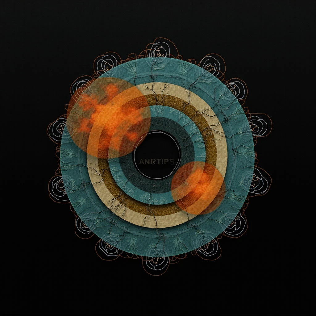 The image features a central circular form composed of concentric rings in shades of teal, beige, and orange, set against a solid black background. A grainy texture is present throughout the colored bands, while thin, looping orange lines radiate outwards from the center towards a series of smaller, similar circles along the perimeter. Light appears to emanate from the inner rings, creating a subtle glow and highlighting variations in the surface textures.
