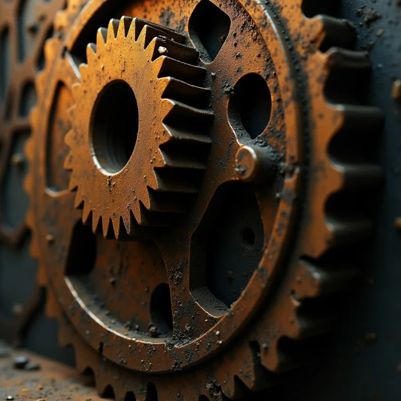 Interlocking metallic gears feature a palette of dark charcoal and weathered copper tones with granular, rusted textures. The composition is defined by repetitive circular forms and sharp, radial teeth that overlap in a close-up arrangement. Warm light catches the raised edges and pitted surfaces, creating high contrast against the deep shadows within the mechanical recesses.