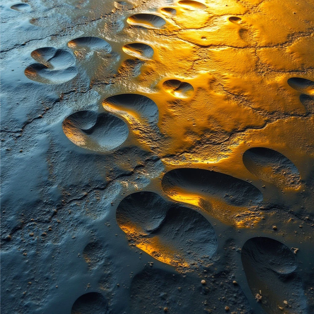 The image is dominated by a dark blue, textured surface marked with numerous irregular indentations resembling footprints. These depressions are filled with a reflective golden liquid or sheen that contrasts sharply with the surrounding material. Light appears to originate from above and slightly to the right, creating highlights within the indentations and emphasizing their depth while casting shadows across the uneven plane.