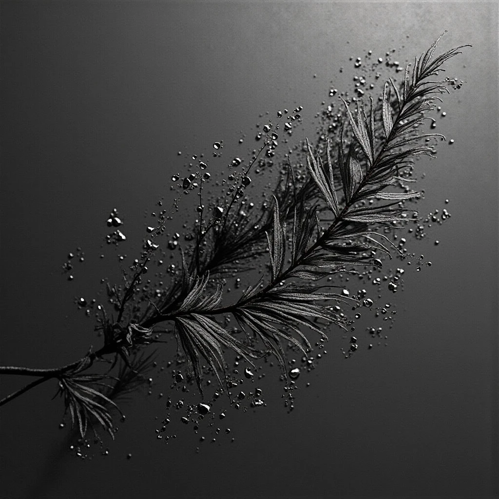 The image is rendered in grayscale tones, ranging from dark charcoal to lighter silver hues. A slender branch with delicate fern-like leaves extends diagonally across the frame, covered in numerous small droplets that appear suspended in space around it. Light sources create highlights on the water droplets and leaf edges, contrasting with the shadowed areas of the background and stem, suggesting a shallow depth of field.