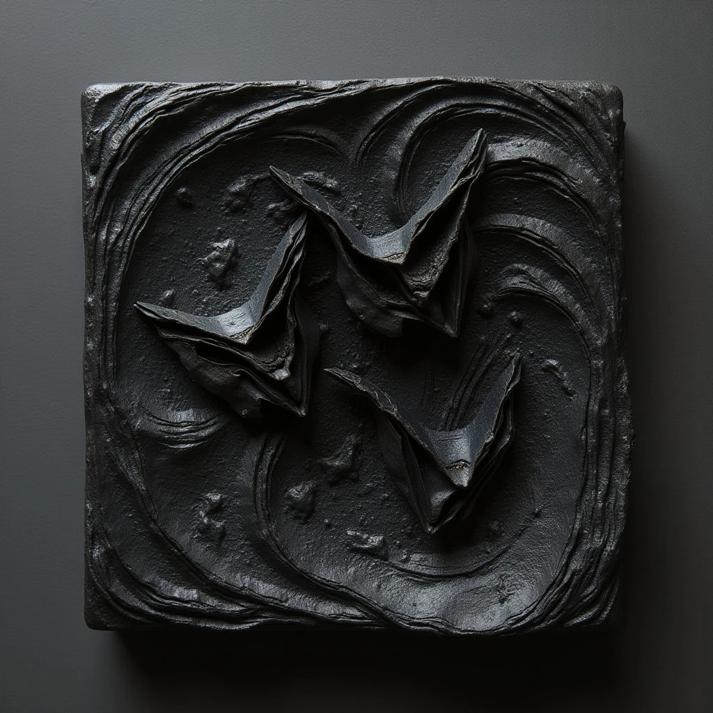 The work is monochromatic, rendered in shades of dark gray and black with a matte finish. A swirling, textured background provides contrast to several sharply folded paper forms resembling origami cranes that project from the surface. Light falls unevenly across the composition, accentuating the dimensionality of both the raised shapes and the deep grooves within the background texture.